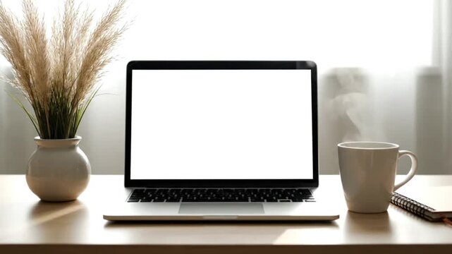 Cozy home office desk with laptop and potted pampas grass in sunlight