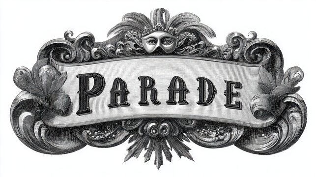 Vintage engraving of ornate Mardi Gras banner with mask and parade text in classic decorative style