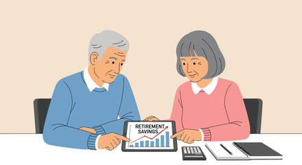 Fototapeta premium Flat minimalist illustration of retirement fund planning, mature couple reviewing savings chart at home table, notebook and calculator neatly arranged, solid color minimalist background, flat vector s