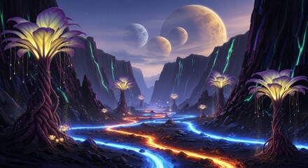 Obraz premium Otherworldly Vista: A breathtaking, otherworldly vista unfolds, showcasing fantastical flora and celestial bodies, and the vibrant flow of a river, painted in a display of colors.