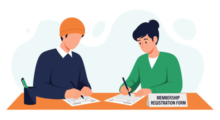 Fototapeta premium Two people filling out membership registration forms at a table.