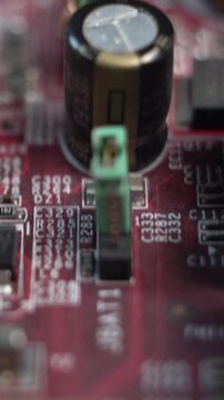Vertical View of Electronic Waste, Computer Motherboard Components. Macro Close Up