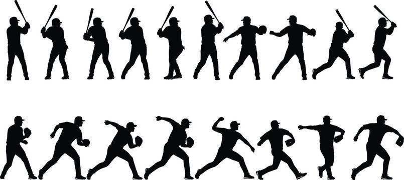 Vector Illustration Set of Baseball Player Silhouettes with Different Batting Poses and Action Shots for Sports Training Tournament and Active Lifestyle Designs