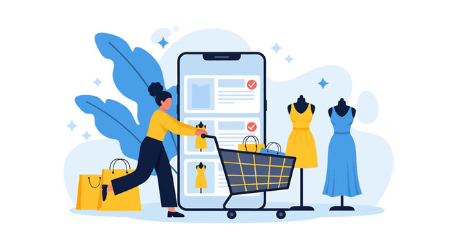 Woman pushing shopping cart in front of large smartphone screen.