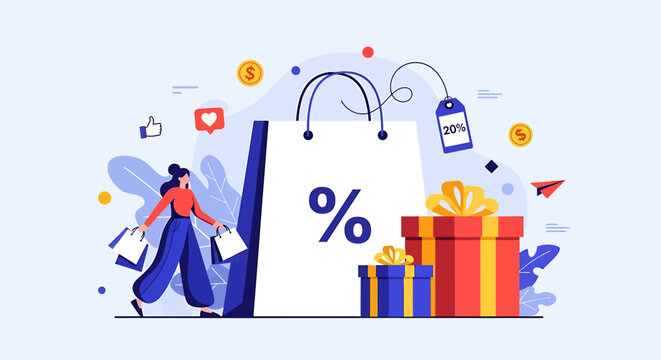 Woman with shopping bags and gift boxes with percentage sign.