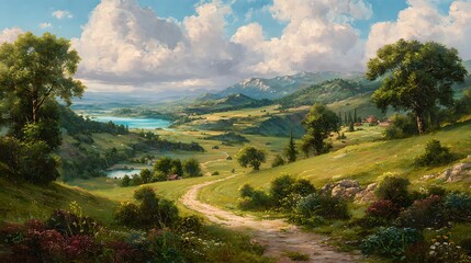 Obraz premium A winding dirt path leads through rolling green hills, lakes, and under a partly cloudy sky