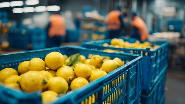 Baskets of fresh lemons in a food processing facility, with workers in the background