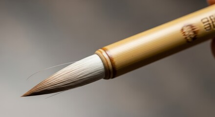 Naklejka premium Traditional writing instrument featuring a fine pointed bristle tip and light brown wooden handle is held in close up