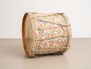 Traditional cylindrical dholak drum adorned with a vibrant floral fabric cover resting on a neutral surface