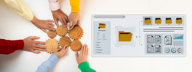 Obraz premium A user interface for a document management system. The dashboard provides file organization, a project workspace, and data analytics for corporate information management. Fermion