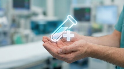 Medical laboratory test tube diagnosis healthcare digital technology icon held in hands of a professional doctor in a hospital clinic for innovative research and medical data.