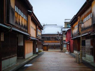 Fototapeta premium Higashi Chaya District on a snowy day in Kanazawa, the capital city of Ishikawa Prefecture, Japan.