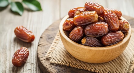 Obraz premium A wooden bowl overflowing with nutritious dates on a rustic wooden table with scattered dates and green leaves in background