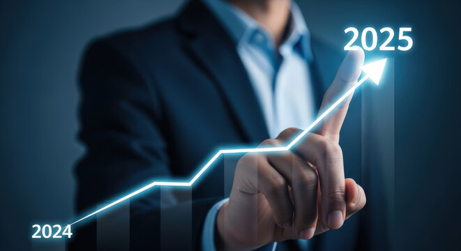 Businessman Touching Arrow Up with 2024 and 2025 Years on Graph Chart Financial Business Growth Profit Investment Strategy Success