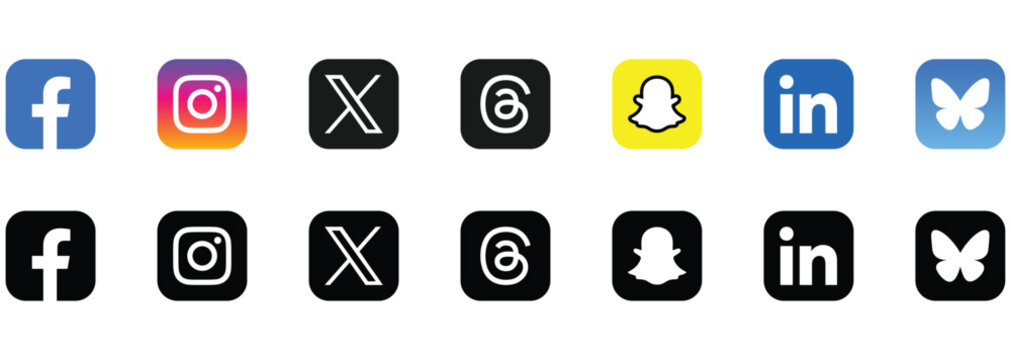 social media app icon collection colorful and black logo set facebook instagram x threads snapchat linkedin