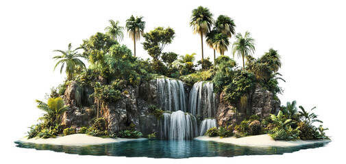 Naklejka premium Tropical waterfall oasis with palm trees and sandy shore, isolated on transparent cutout background