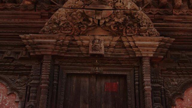 Close-up of carved wooden temple detailsat Kala Bhairav shrine and Shree Kaal Bhairav Temple, Kathmandu