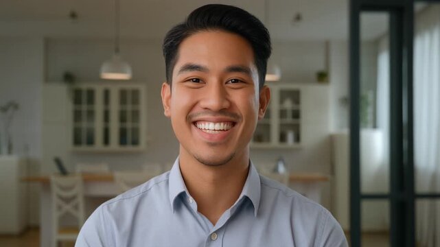 Head shot portrait of young Indian businessman, company head or executive manager dressed in casual shirt posing for camera standing.