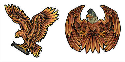 Obraz premium Vector illustration of a military eagle mascot carrying a bomb and wearing a helmet. The eagle flaps its wings majestically. High-quality vector design illustration.