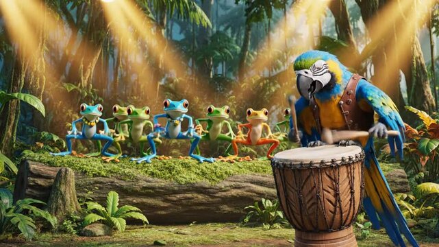 Lively Frog Dance Performance by Cartoon Animals in Rainforest