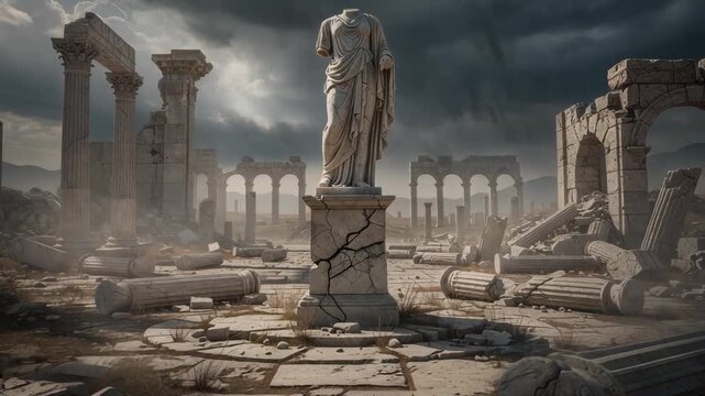 Ancient Roman ruins with broken columns and headless statue under dramatic cloudy sky