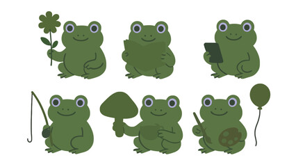 Obraz premium Frog vector illustrations set on transparent background with various objects