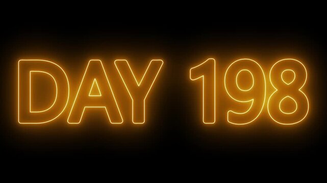 Neon text day 198 animation on black background. flickering neon inscription DAY 198. calendar counter concept
