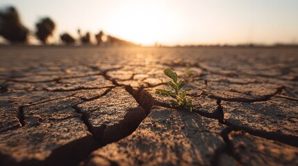 Obraz premium Resilient sprout emerges from cracked, arid earth at sunset, symbolizing hope and new beginnings in harsh conditions.