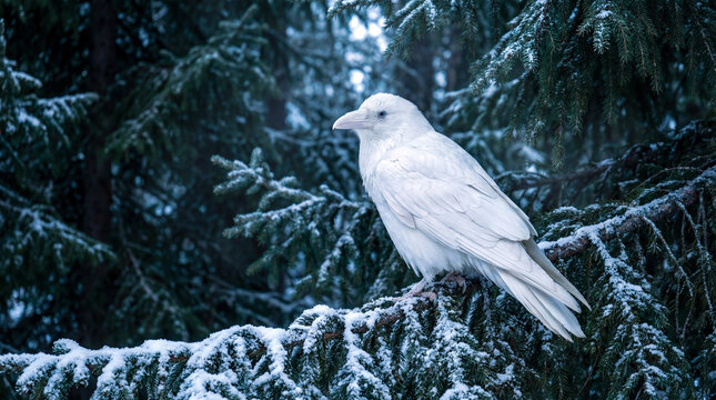 Leucistic raven with pure icy white plumage sits on snow-covered branch. Rare leucistic raven blends into frosty winter forest, symbolizing unique beauty. Leucistic raven for wildlife documentaries,