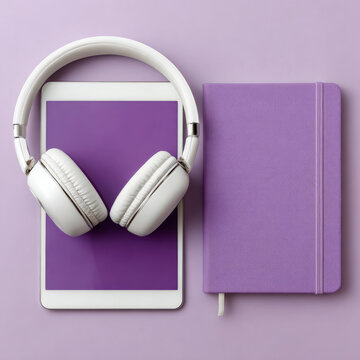 White headphones and tablet with purple notebook on lavender background
