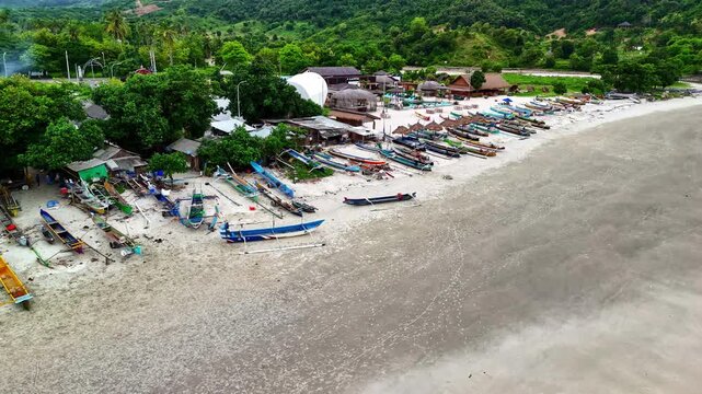 Fishing boats during low tide in Indonesia, aerial view
