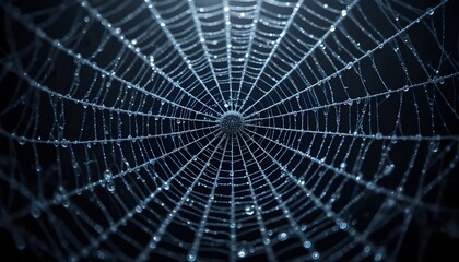 Cobweb with dew drops on dark background close-up