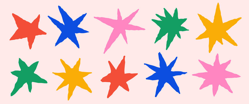 Star paper cut collection. Trendy irregular sparkle stickers set. Colorful tear paper shapes with torn edge