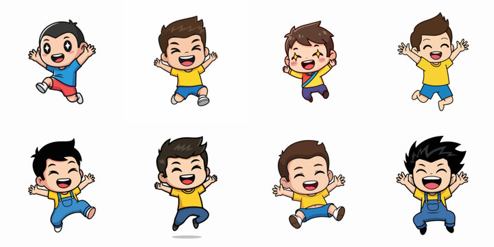 illustration of a cartoon set of chibi characters jumping for joy