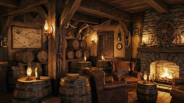 Cozy rustic vintage tavern interior with wooden barrels leather chairs and warm fireplace lighting