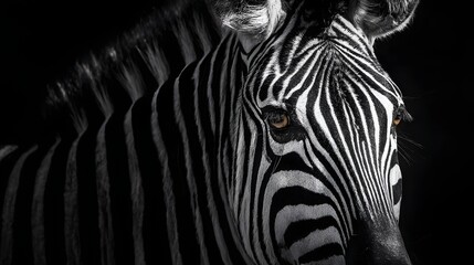 Naklejka premium Close up of a zebra in black and white with a dark background.
