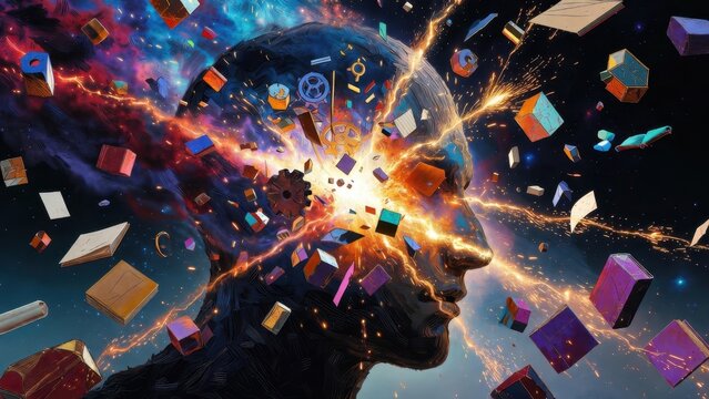 Surreal explosion of creative ideas from human mind in space.
