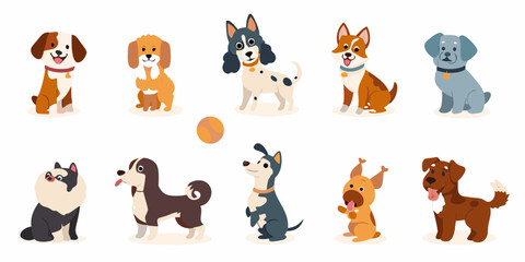 Collection of adorable cartoon puppies and a kitten with a ball © Apurba