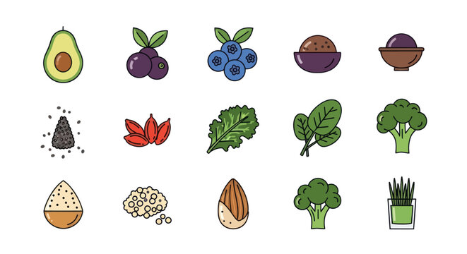 Colorful Flat Design Icons of Healthy Foods and Superfoods Collection.