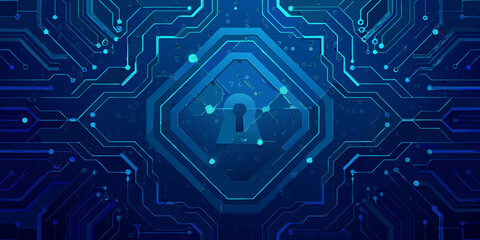 Abstract digital background with a glowing lock symbol representing data security