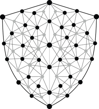 Abstract geometric shield network symbol with connected nodes mesh design representing cybersecurity protection data structure and digital defense emblem