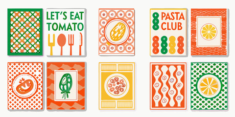 Colorful food themed illustrations arranged in a grid pattern