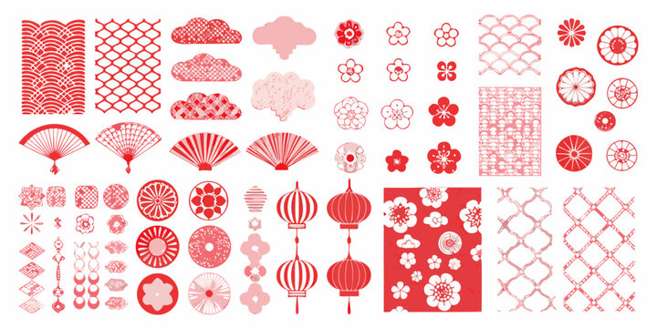Collection of red asian patterned elements and floral motifs on white