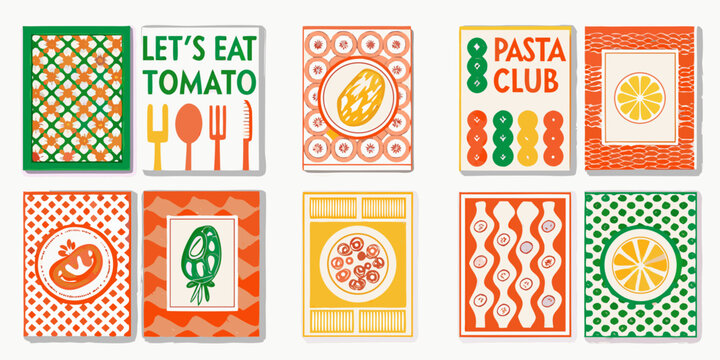Colorful food themed illustrations arranged in a grid pattern