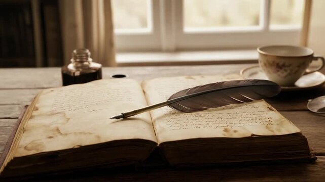 Vintage old book with handwritten text and feather quill pen on wooden table by window with cup and glasses