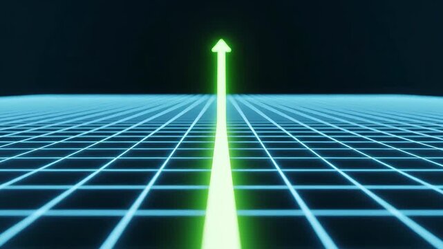 Bright glowing green arrow rising vertically over a seamless loop of a neon blue futuristic perspective grid. Abstract motion background visualizing progress and technology.