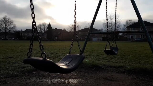 A solitary swing set stands silhouetted against a cloudy sunset The empty swings invite playful motion amidst a tranquil park scene at dusk