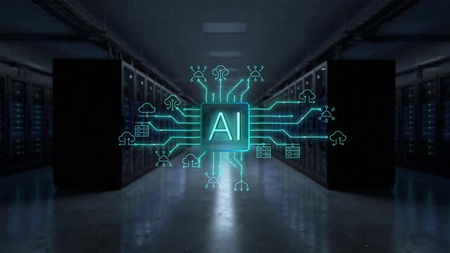 Neonlit Server Room Ambiance, Hightech Data Hub Featuring Glowing AI Chip And Vibrant Circuits