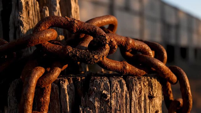 A weathered wooden post holds a heavy rusty chain The rough texture and warm sunlight suggest a strong industrial or historical setting