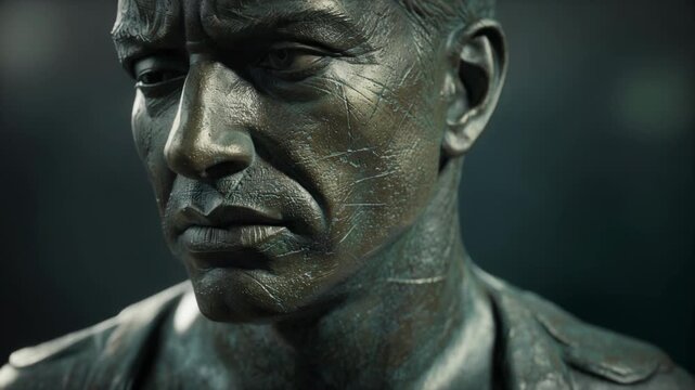 Close up of a weathered bronze statue face with detailed texture and expressive features
